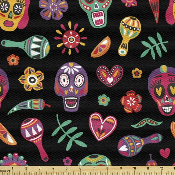 Ambesonne Day of the Dead Fabric by the Yard Upholstery, Mexican Vivid, 10 Yards, Charcoal Grey Multicolor