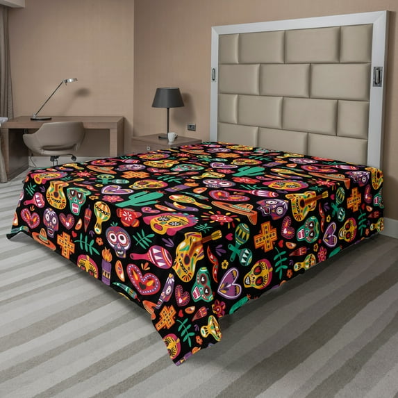 Ambesonne Day of the Dead Flat Sheet, Skull Flower Pepper, Queen Size, Charcoal Grey Multicolor