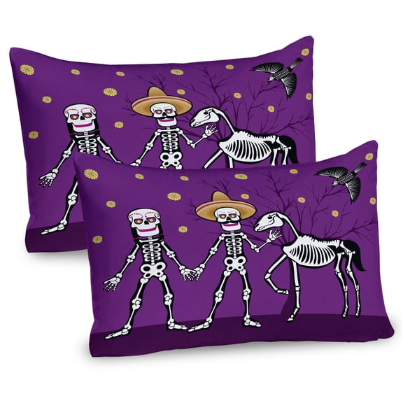 Ambesonne Day of the Dead Pillow Sham 2 Pack, Skeleton Couple, 26"x20", Purple Yellow and Black