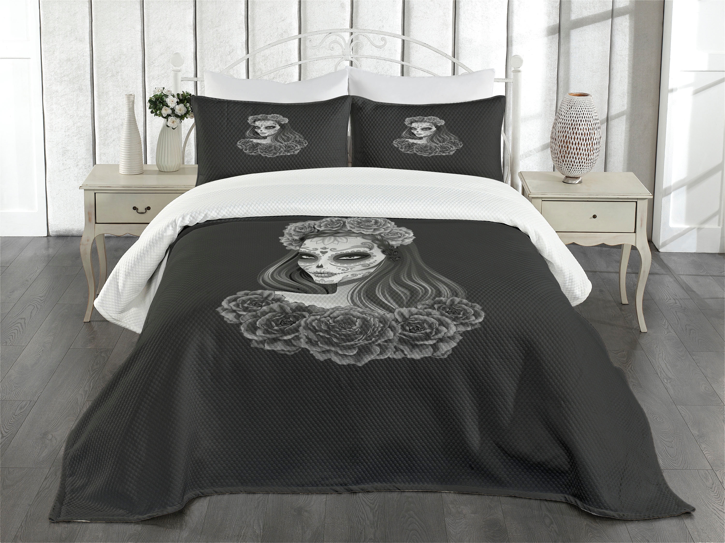 King Size Charcoal Gray Quilted Bedspread Set with Calavera Girl Design