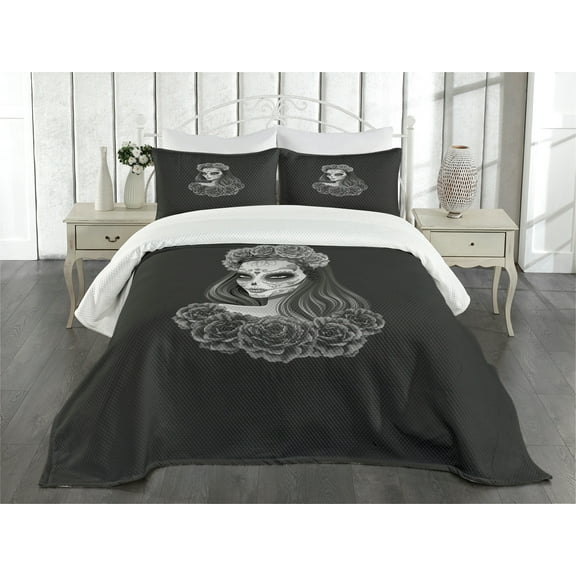 Ambesonne Day of the Dead Quilted Bedspread Set 3 Pcs, Calavera Girl, Queen Size, Charcoal Grey Pale Grey