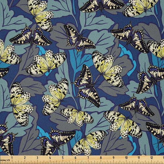 Ambesonne Death Moth Fabric by the Yard Microfiber, Jumble Butterflies Motif, 5 Yards, Night Blue Khaki White