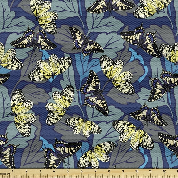 Ambesonne Death Moth Fabric by the Yard Upholstery, Jumble Butterflies Motif, 2 Yards, Night Blue Khaki White
