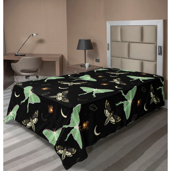 Ambesonne Death Moth Flat Bedding Sheet Soft Top Sheet, Goth Vibe Wings Stars, Twin, Charcoal Grey Pale Green