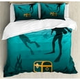 thumbnail image 1 of Ambesonne Deep Sea Duvet Cover Sets, Divers and Sunken Ship, 2-King, Aqua Dark Teal Marigold, 1 of 7