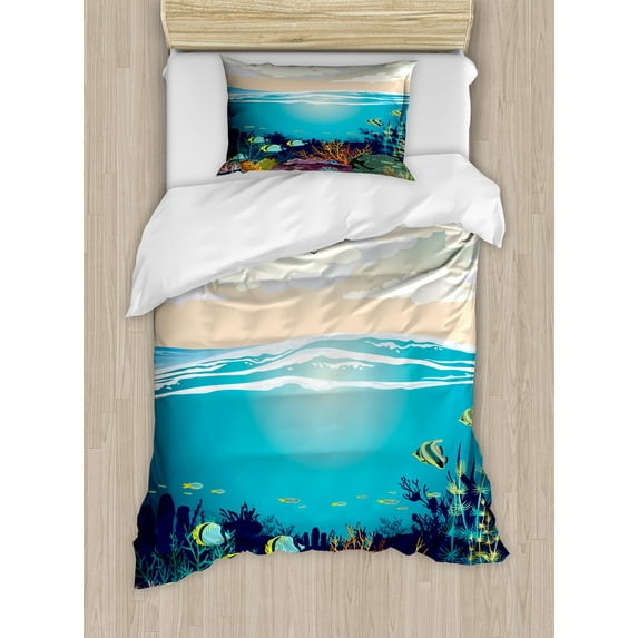 Ambesonne Deep Sea Duvet Cover Sets, Soft Cumulus Undersea Fish, 2-Twin, Sea Blue and Multicolor