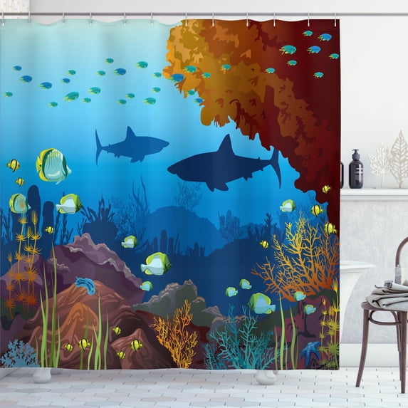 Ambesonne Deep Sea Shower Curtain, Ocean Marine Wildlife Fish, 69"Wx70"L, Deep Sky Blue Multicolor