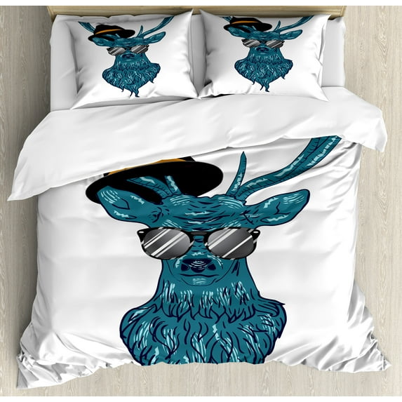 Ambesonne Deer Duvet Cover Set, Teal Hipster Antler Print, Queen, Teal and Black