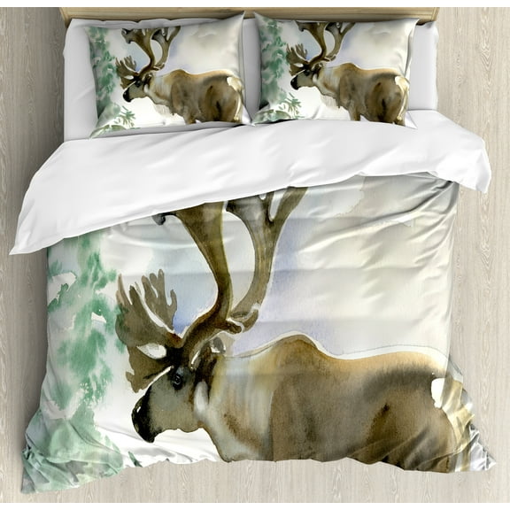 Ambesonne Deer Duvet Cover Set, Winter Forest Paint Style, 2-Calking, Beige Green