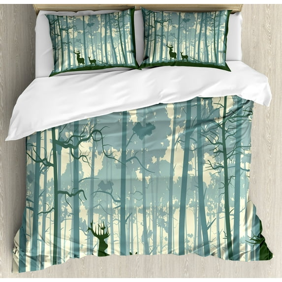 Ambesonne Deer Duvet Cover Sets, Animals in Foggy Forest, 2-King, Black White Grey