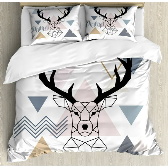 Ambesonne Deer Duvet Cover Sets, Geometric Style Deer Portrait, 2-King, Blue Grey Pale Rose