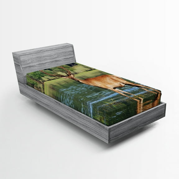 Ambesonne Deer Fitted Sheet 2 Pcs Set, Mountain Animal in Water, Twin XL, Green Brown