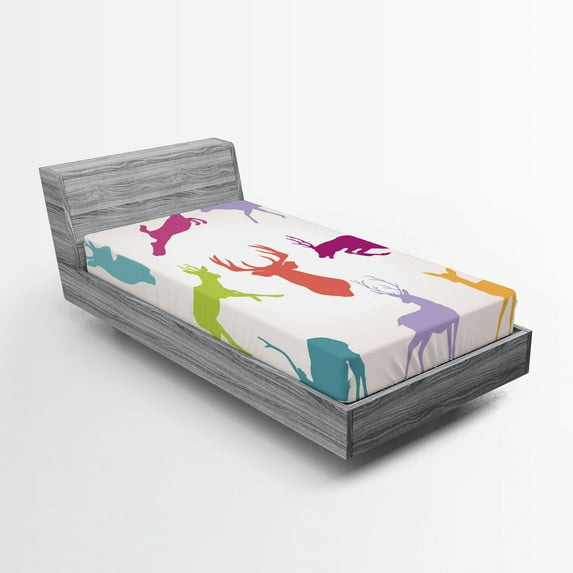 Ambesonne Deer Fitted Sheet, Colorful Jumping Animals, Twin XL Size, Green Teal