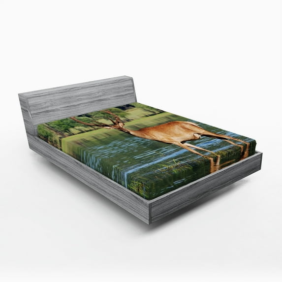 Ambesonne Deer Fitted Sheet, Mountain Animal in Water, California King, Green Brown