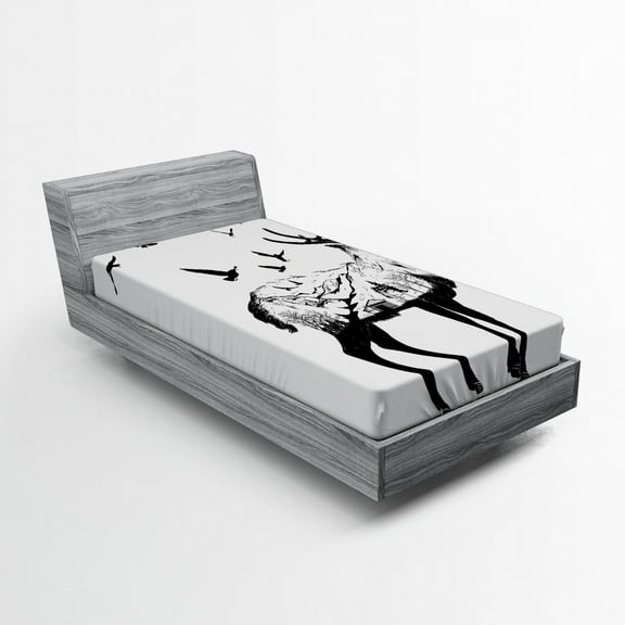 Ambesonne Deer Fitted Sheet, Mountain and Cottage, Twin XL Size, Black White