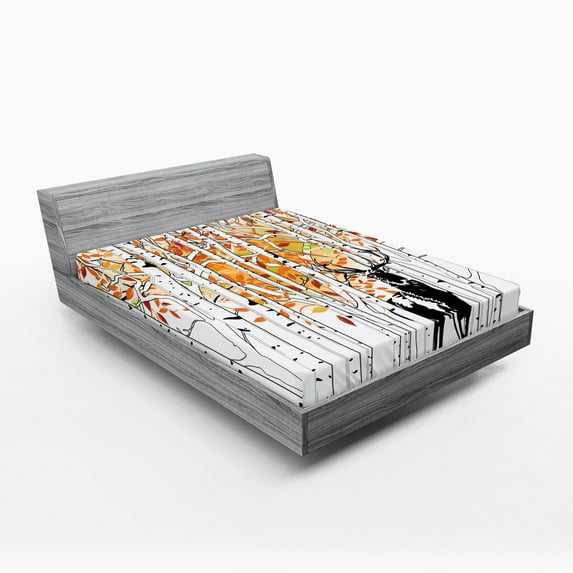 Ambesonne Deer Fitted Sheet, Trees Foliage Wilderness, Full Size, Orange Green and White
