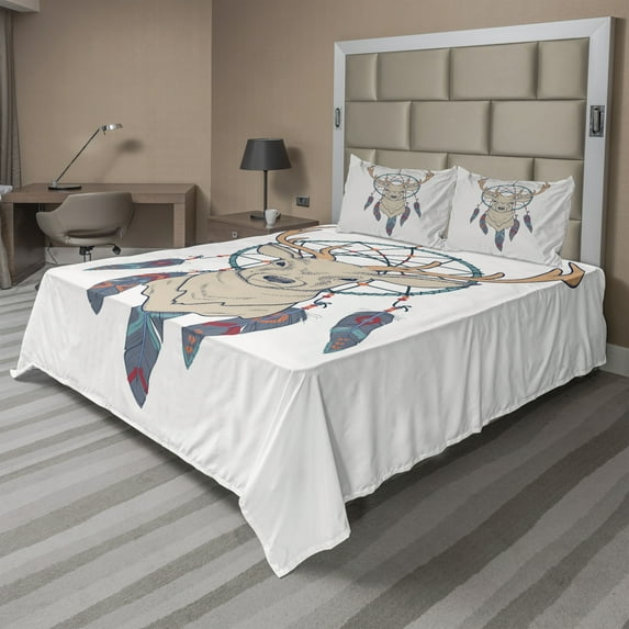 Ambesonne Deer Fitted & Top Sheet Set with Shams, Animal and Folk Dreamcatcher, Beige Teal Cream