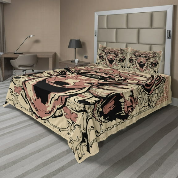 Ambesonne Deer Fitted & Top Sheet Set with Shams, Floral Skull and Wolves Print, Beige Black and Pink