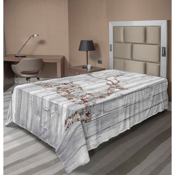Ambesonne Deer Flat Sheet, Xmas Animal Rustic, Twin Size, Multicolor and Grey