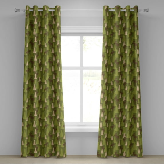 Ambesonne Deer Grommet Curtain, Forest Creatures Moose, 50" x 84", Green Tan Brown