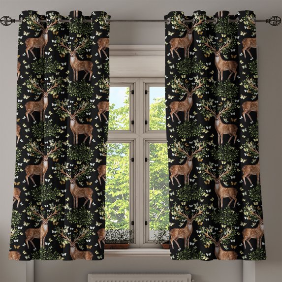 Ambesonne Deer Grommet Curtain, Reindeer Floral Antlers Print, 50"x60", Black Green Brown
