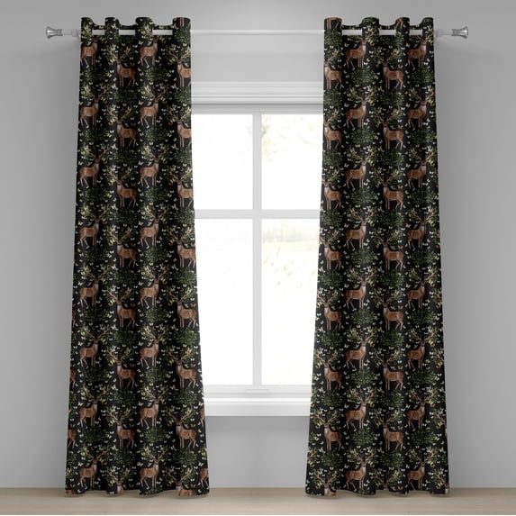 Ambesonne Deer Grommet Curtain, Reindeer Floral Antlers Print, 50"x96", Black Green Brown