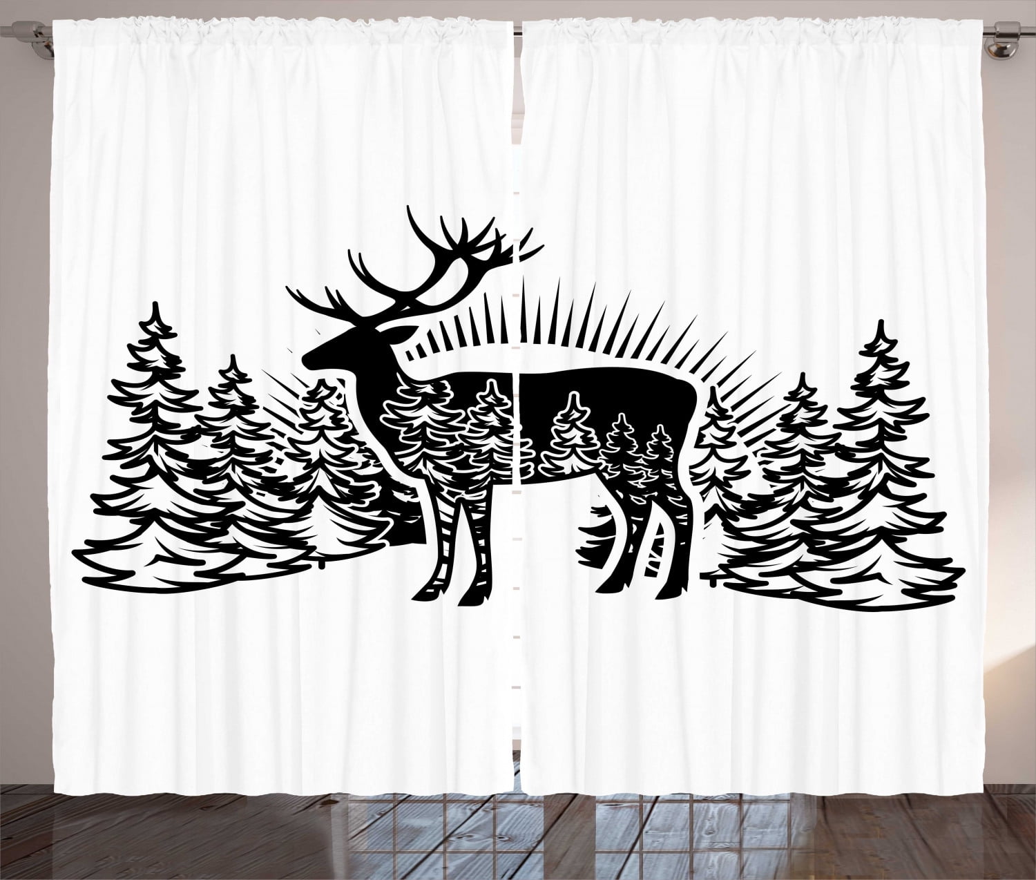 Ambesonne Deer Hunting Curtains 2 Panel Set, Reindeer Spruce Forest ...