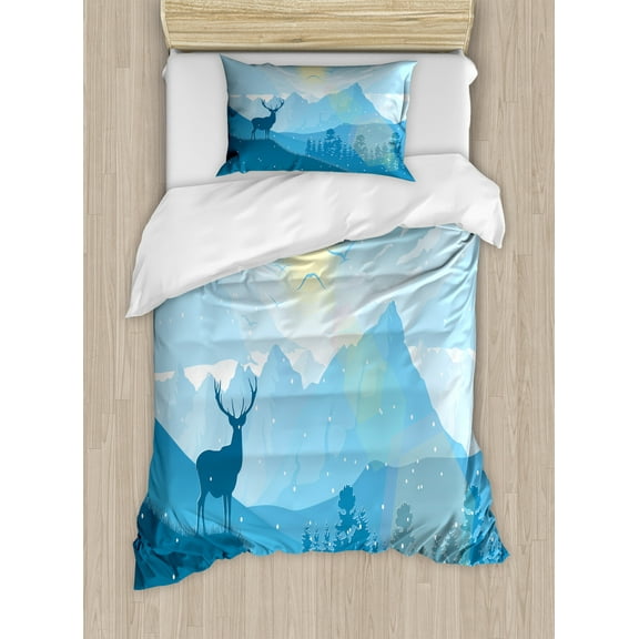 Ambesonne Deer Hunting Duvet Cover Set, Mountain Fauna Sunrise, Twin, Cream Sea Blue