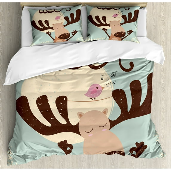Ambesonne Deer Hunting Duvet Cover Set, Reindeer Bird Cartoon, 2-Calking, Pale Seafoam Brown