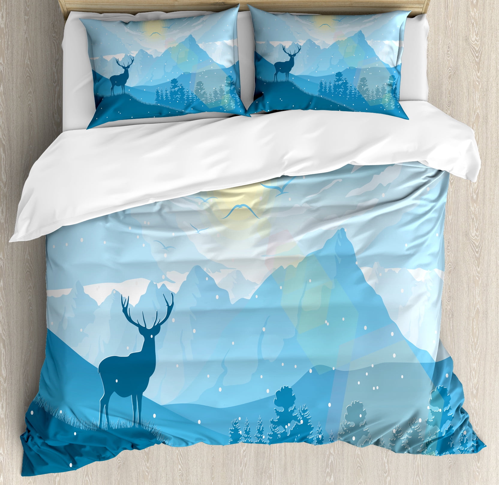 Ambesonne Deer Hunting Duvet Cover Sets, Mountain Fauna Sunrise, 2