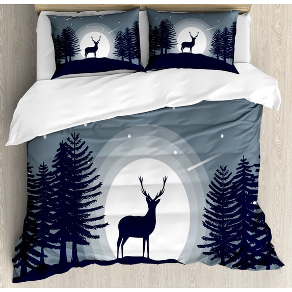 Ambesonne Deer Hunting Duvet Cover Sets, Mystic Wild Animal, 2-King, Violet Blue Purpleblue
