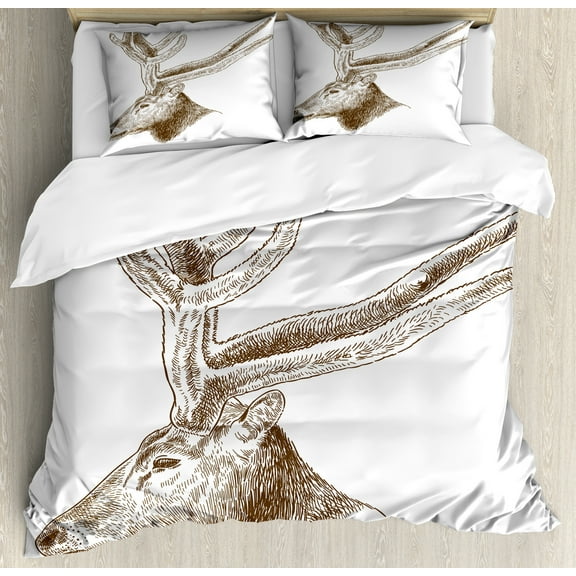 Ambesonne Deer Hunting Duvet Cover Sets, Wild Animal Engraving, 2-Queen, Fawn Sepia and White