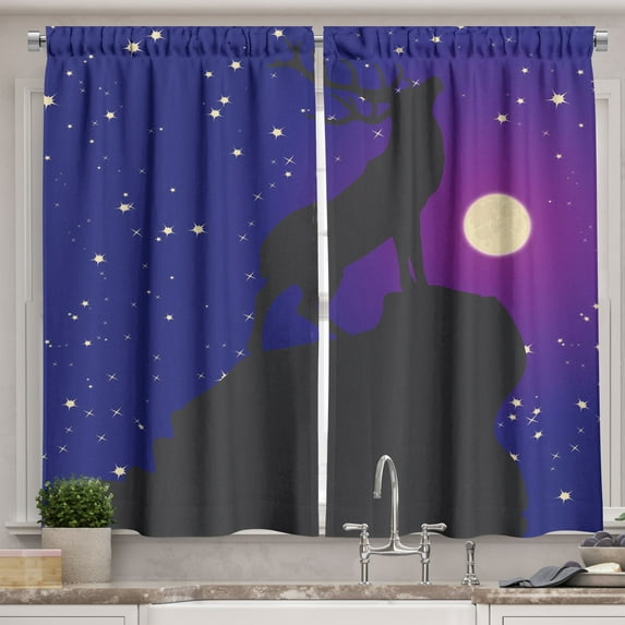 Ambesonne Deer Hunting Kitchen Curtains, Elk Silhouette Night, 55"x45", Indigo Taupe Grey