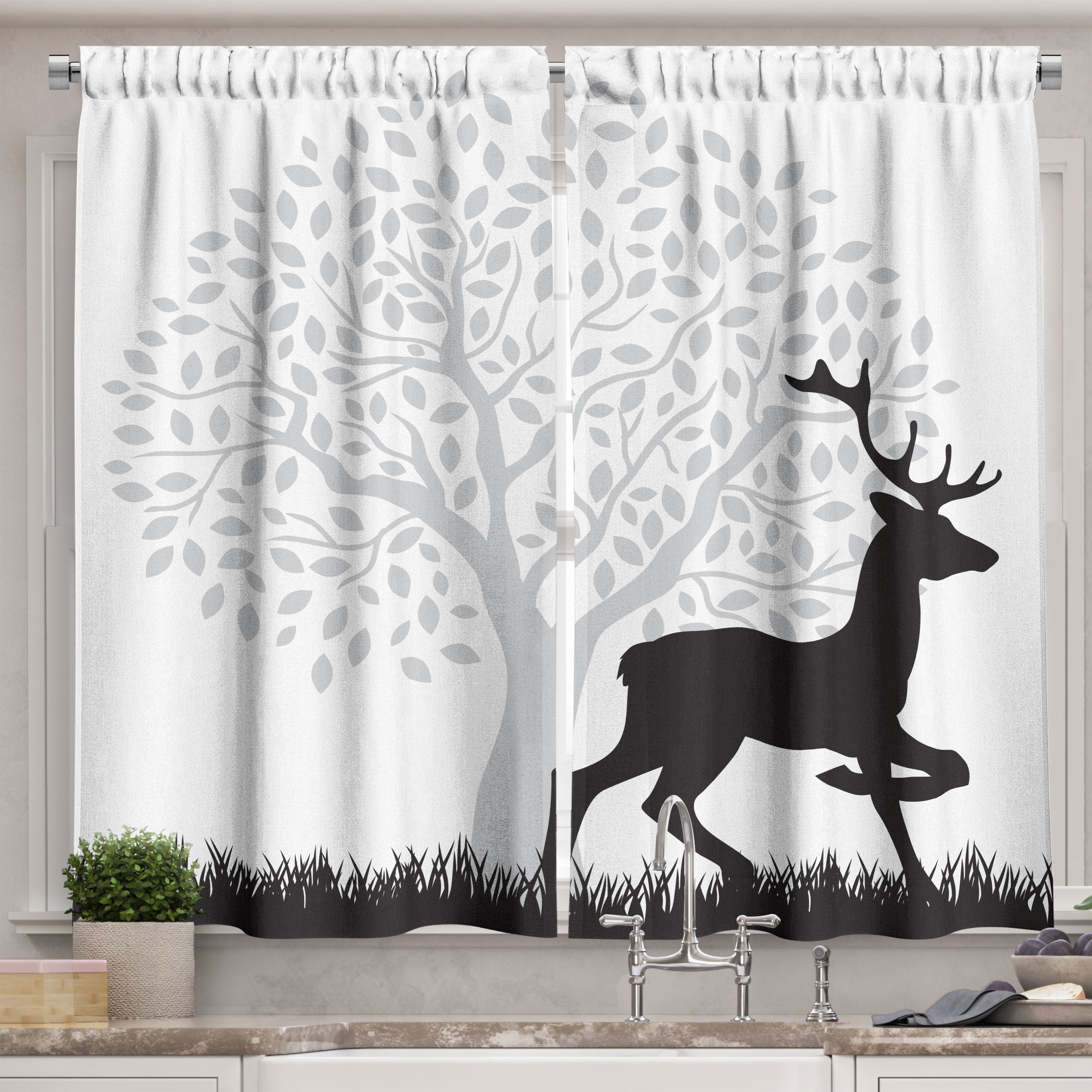 Ambesonne Deer Hunting Kitchen Curtains Gracious Wild Animal 55 X45 Charcoal Grey Pale Taupe Com