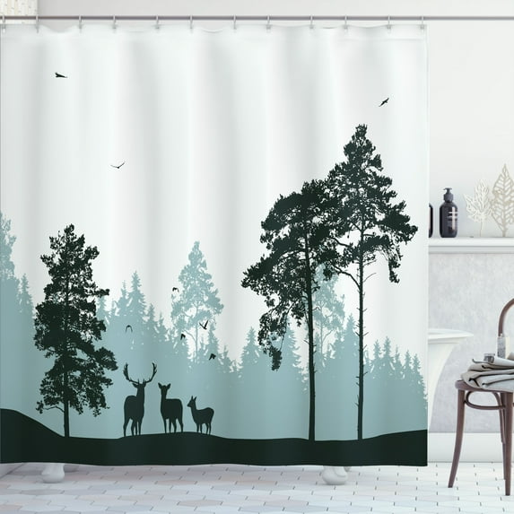 Ambesonne Deer Hunting Shower Curtain, Forest Silhouette Art, 69"Wx75"L, Pale Teal Dark Green