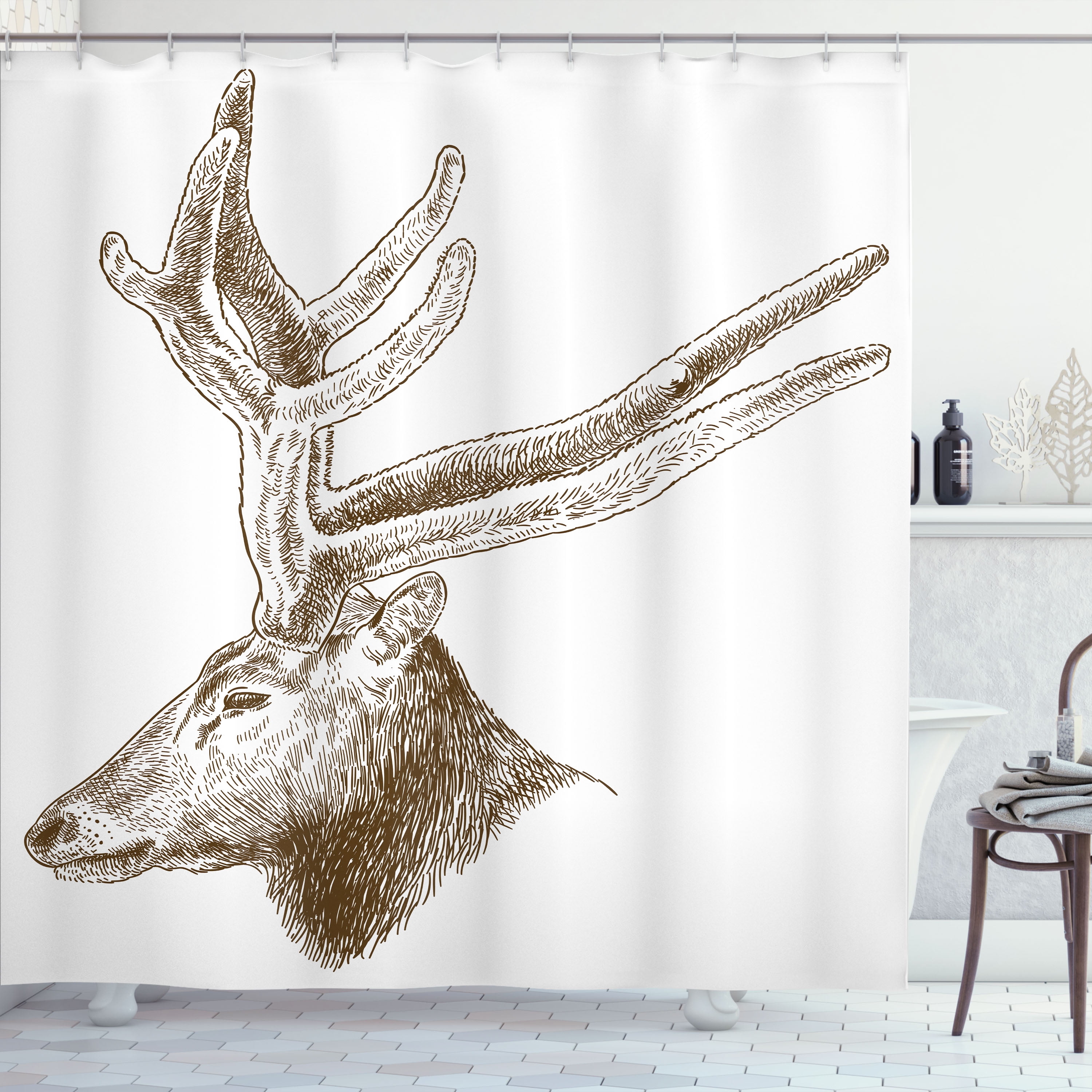 Ambesonne Deer Hunting Shower Curtain, Wild Animal Engraving, 69"Wx70"L