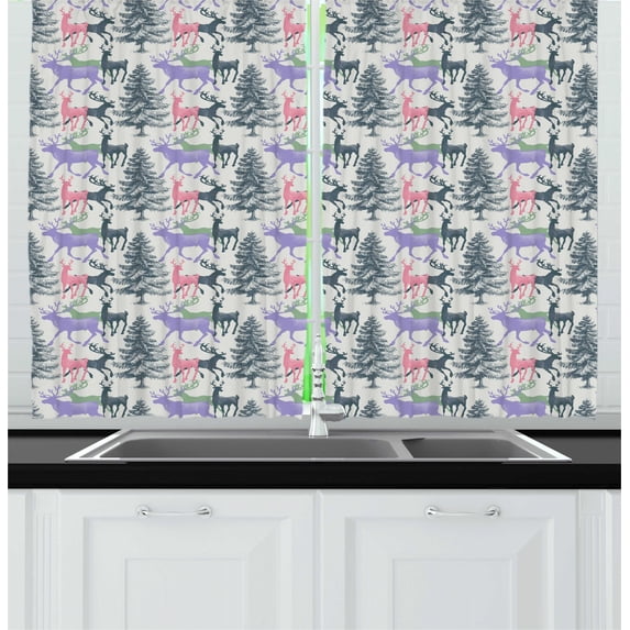 Ambesonne Deer Kitchen Curtains, Pine Trees Winter Season, 55"x39", Multicolor