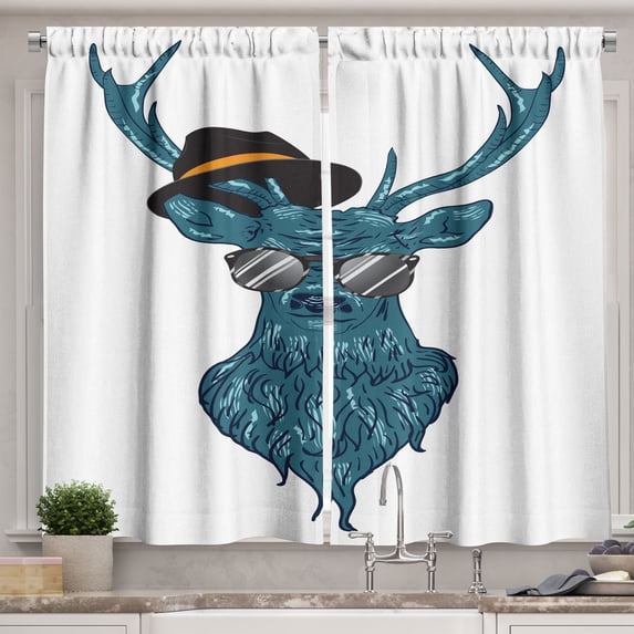 Ambesonne Deer Kitchen Curtains, Teal Hipster Antler Print, 55"x45", Teal and Black
