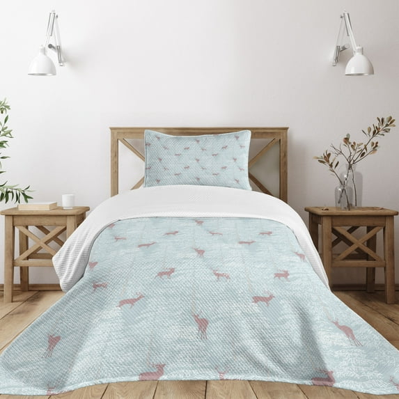 Ambesonne Deer Quilted Bedspread Set 2 Pcs, Forest in the Winter Trees, Twin Size, Bluegrey Dried Rose