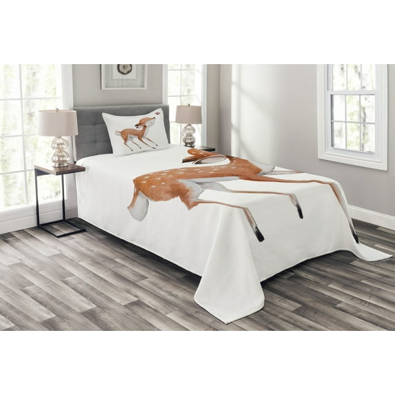 Ambesonne Deer Quilted Bedspread Set 2 Pcs, Young Deer and Butterfly, Twin Size, Pale Caramel Coconut