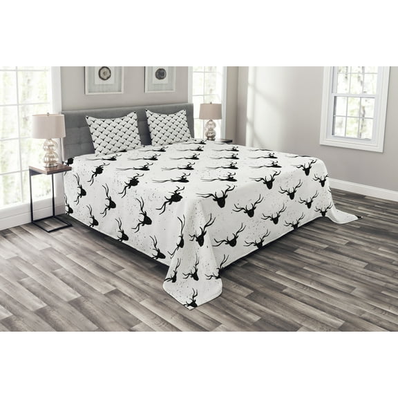 Ambesonne Deer Quilted Bedspread Set 3 Pcs, Animal Head Silhouettes, King Size, Black White