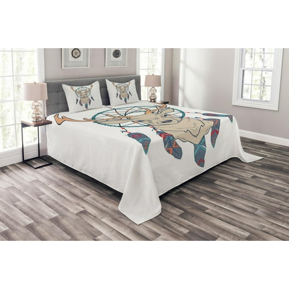 Ambesonne Deer Quilted Bedspread Set 3 Pcs, Animal and Folk Dreamcatcher, King Size, Beige Teal Cream
