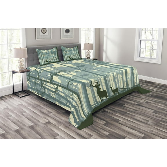 Ambesonne Deer Quilted Bedspread Set 3 Pcs, Animals in Foggy Forest, King Size, Black White Grey