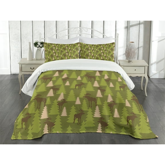 Ambesonne Deer Quilted Bedspread Set 3 Pcs, Forest Creatures Moose, Queen Size, Green Tan Brown