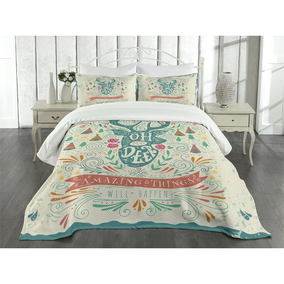 Ambesonne Deer Quilted Bedspread Set 3 Pcs, Inspirational Ornaments, Queen Size, Multicolor