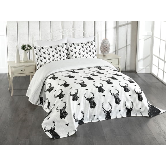 Ambesonne Deer Quilted Bedspread Set 3 Pcs, Monochrome Animal Head, King Size, Black White