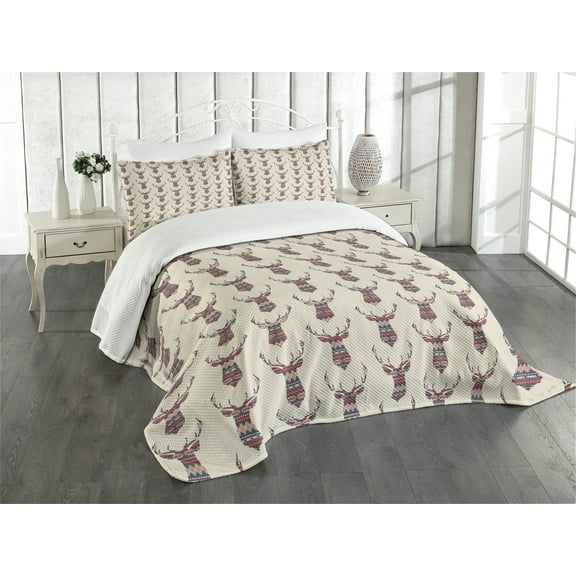 Ambesonne Deer Quilted Bedspread Set 3 Pcs, Ornate Pattern, King Size, Multicolor