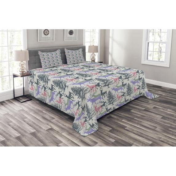 Ambesonne Deer Quilted Bedspread Set 3 Pcs, Pine Trees Winter Season, King Size, Multicolor