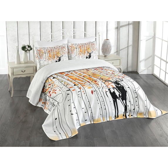 Ambesonne Deer Quilted Bedspread Set 3 Pcs, Trees Foliage Wilderness, King Size, Orange Green and White