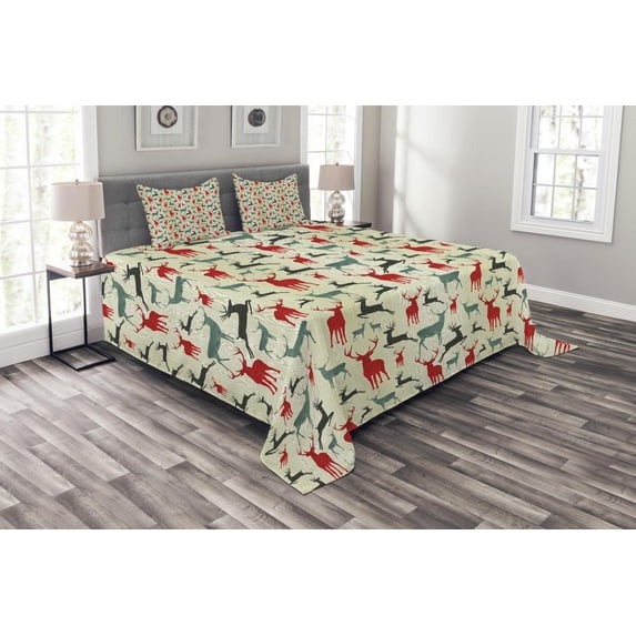 Ambesonne Deer Quilted Bedspread Set 3 Pcs, Wooden Winter Animals, Queen Size, Multicolor